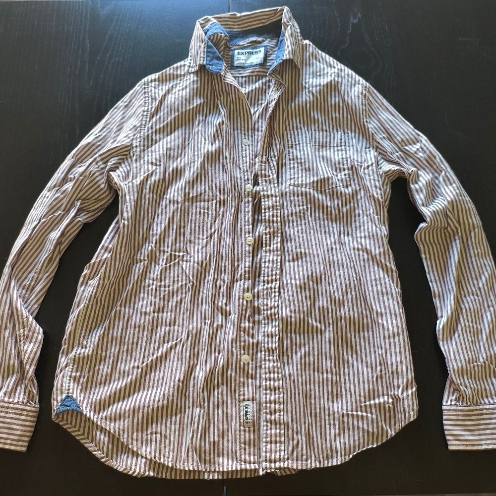 Express Soft Wash Slim Button-Down Long-Sleeve Red White Striped Shirt Mens M